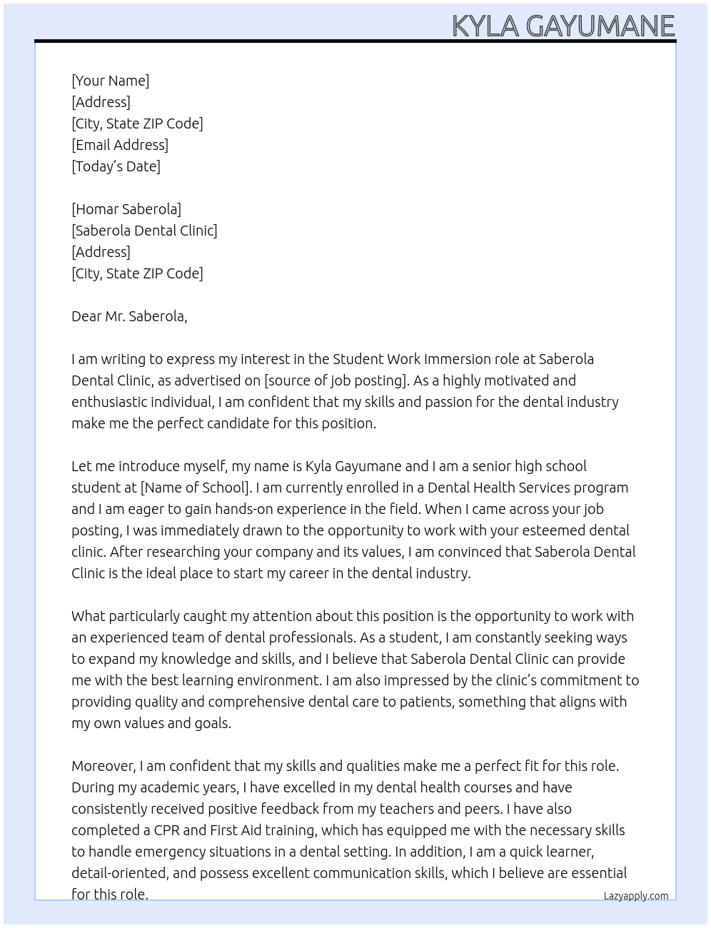 Work immersion Student  At  Saberola Dental clinic  Cover Letter