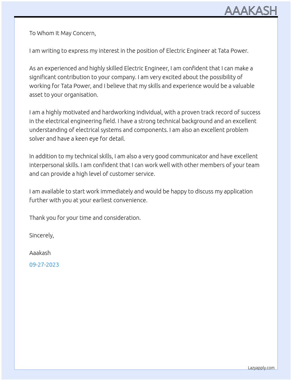 Electric Engineer At Tata Power Cover Letter