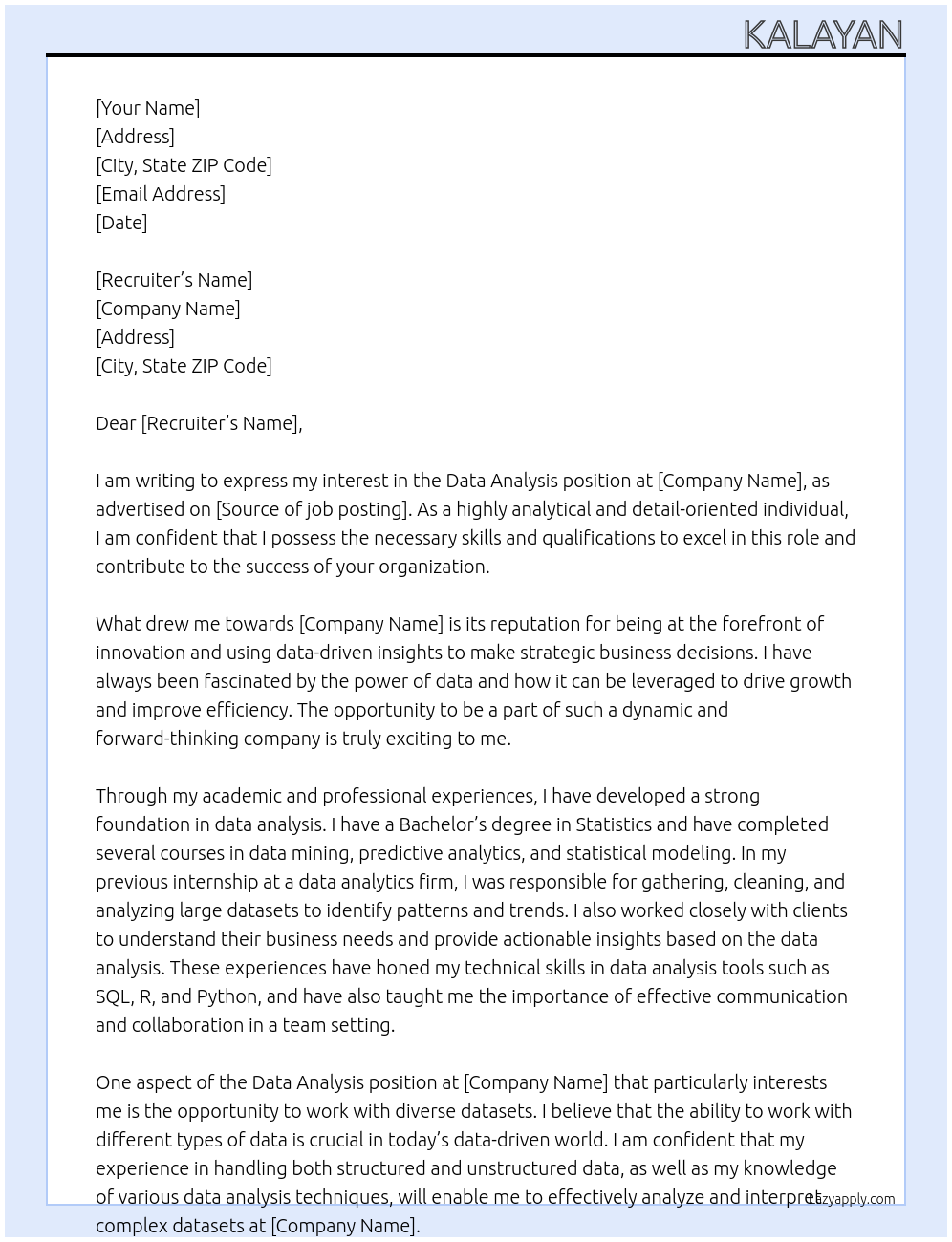 Data analysis At Fresher Cover Letter