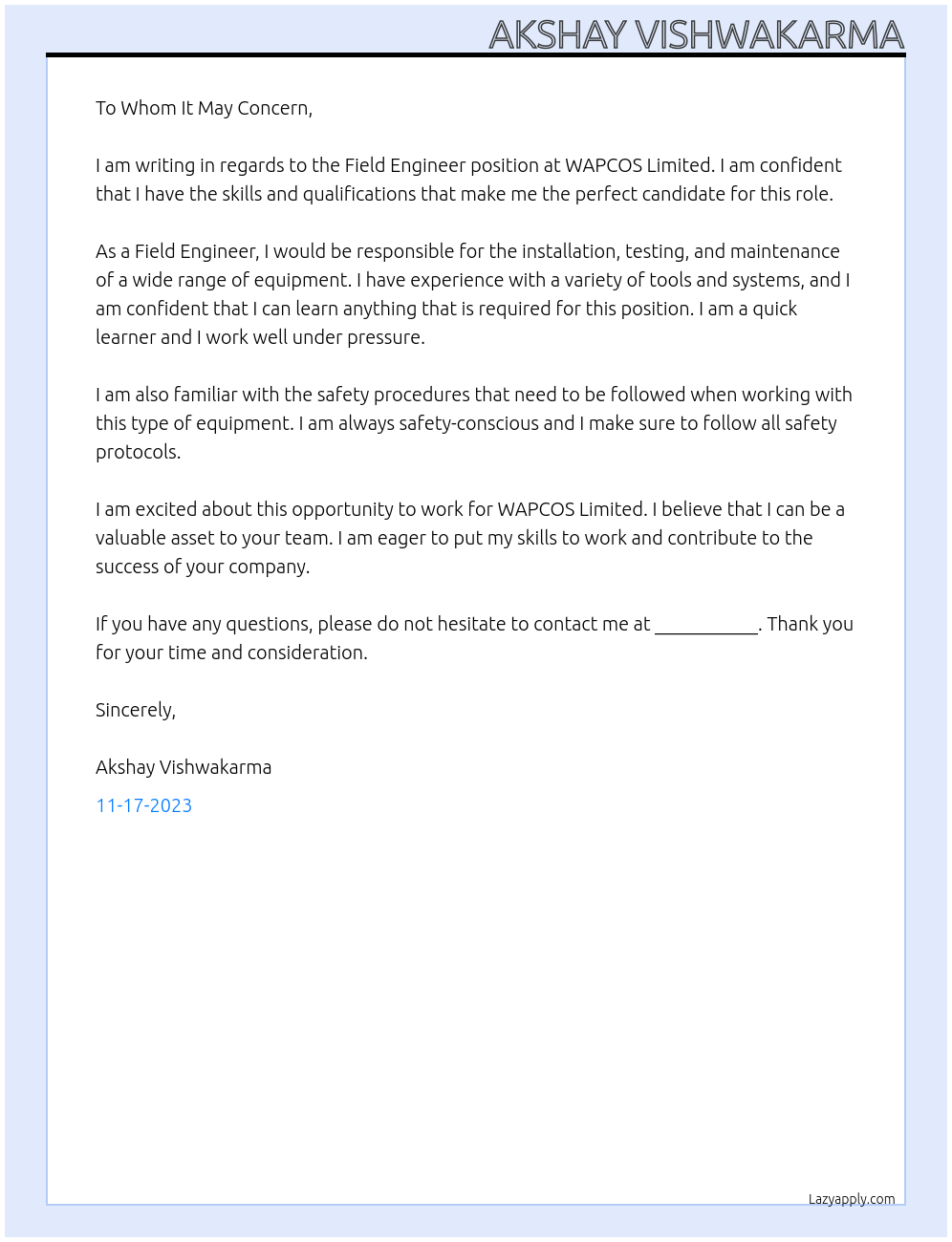 Field Engineer At WAPCOS Limited Cover Letter