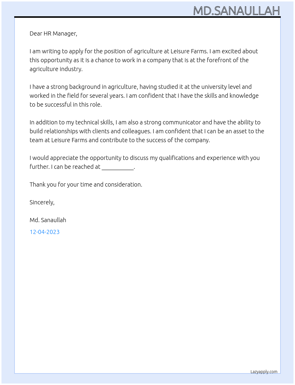 agriculture At Leisure Farms Cover Letter