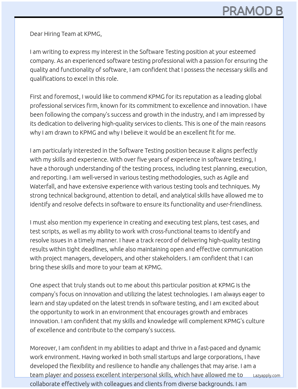 Software Testing At KPMG Cover Letter