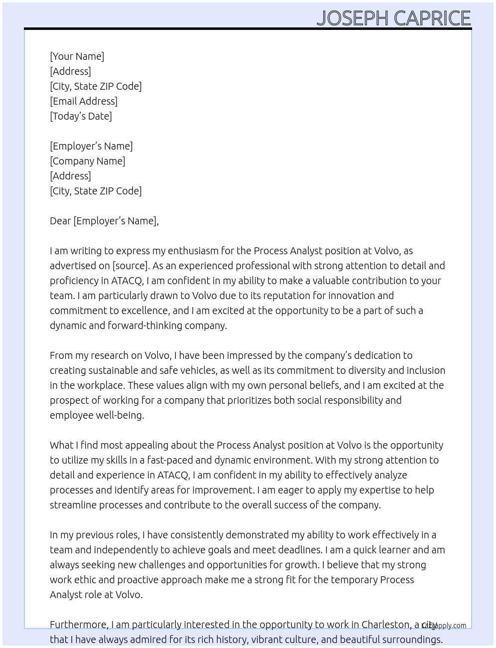 Process Analyst  At Volvo Cover Letter