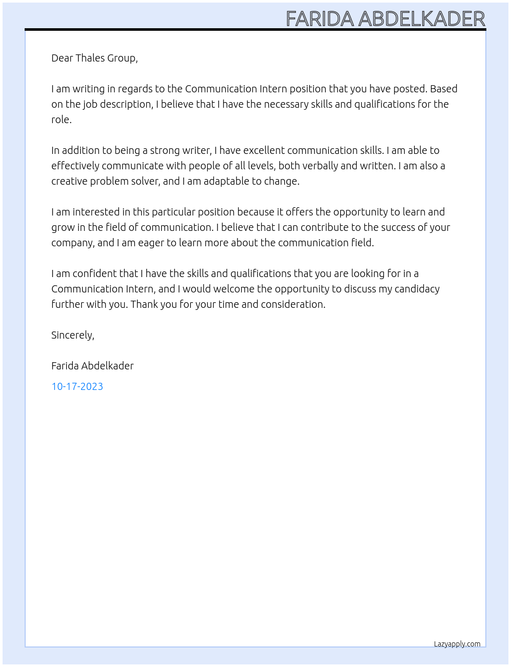 Communication Intern At Thales Group Cover Letter