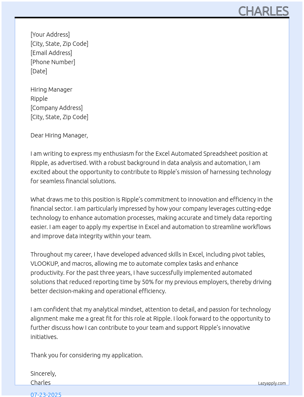 Excel automated spreadsheet At Ripple Cover Letter