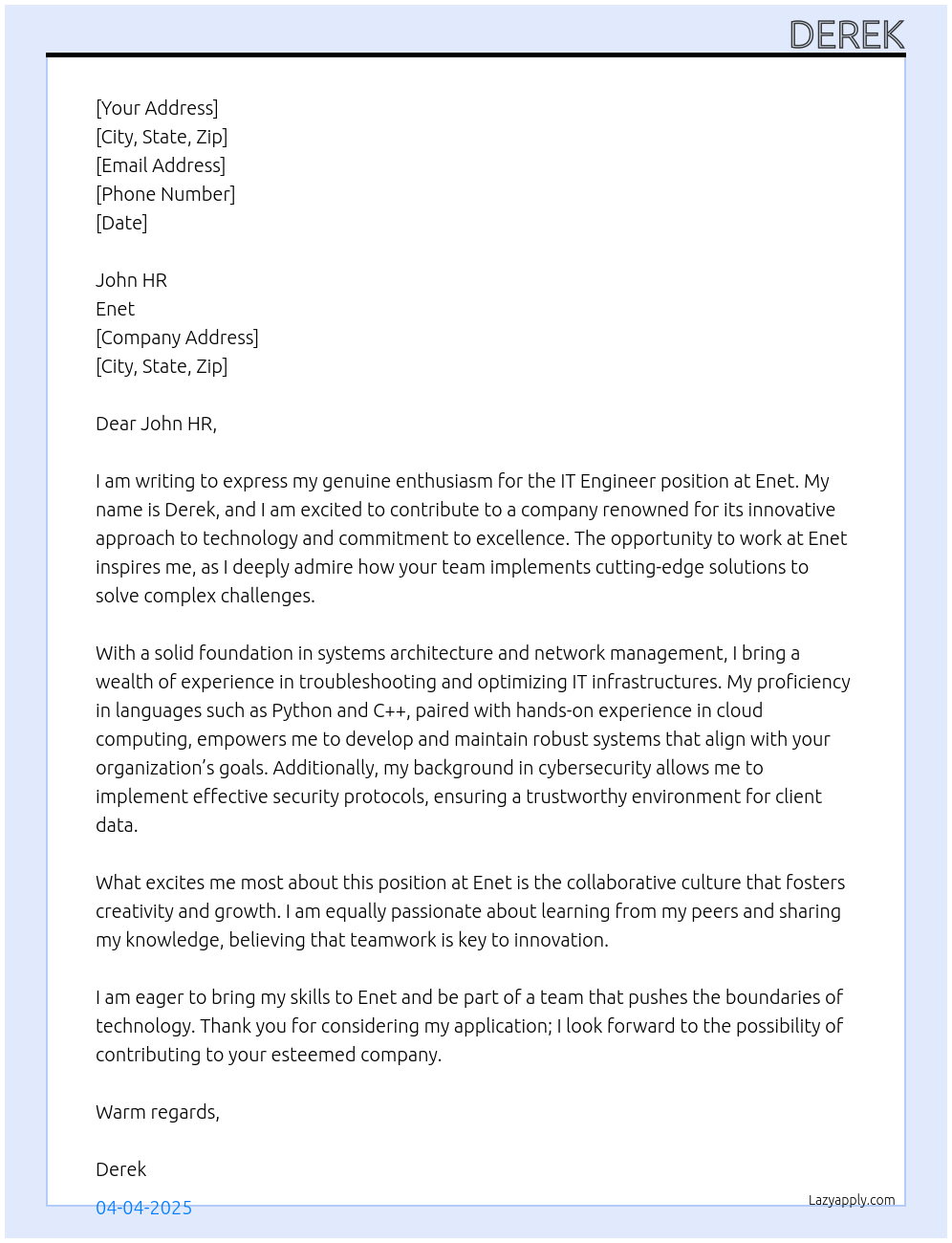 Cover letter for it engineer - LazyApply