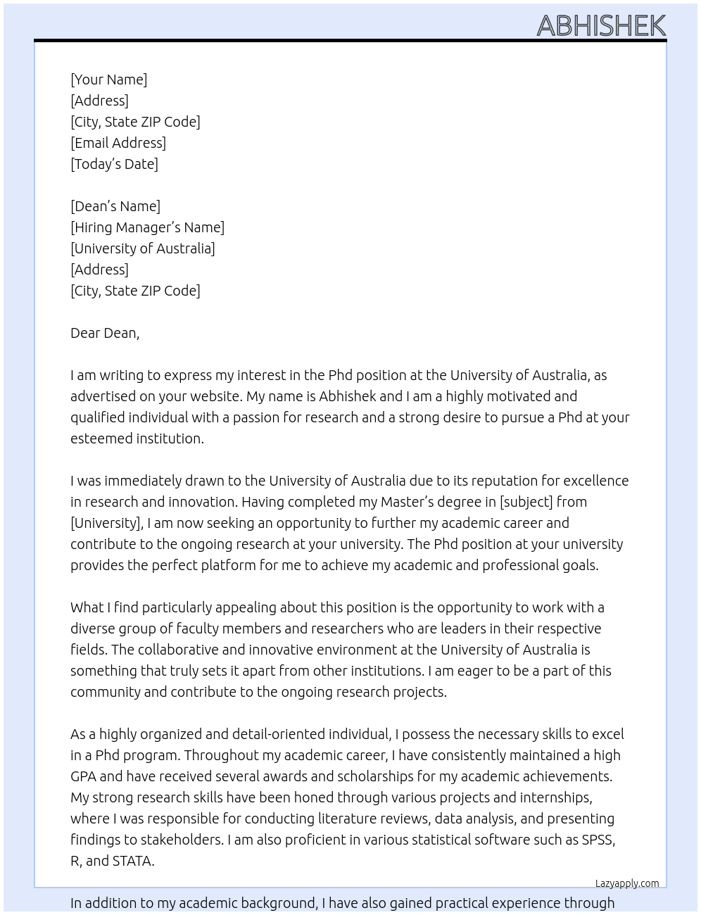 Phd At University of Australia Cover Letter
