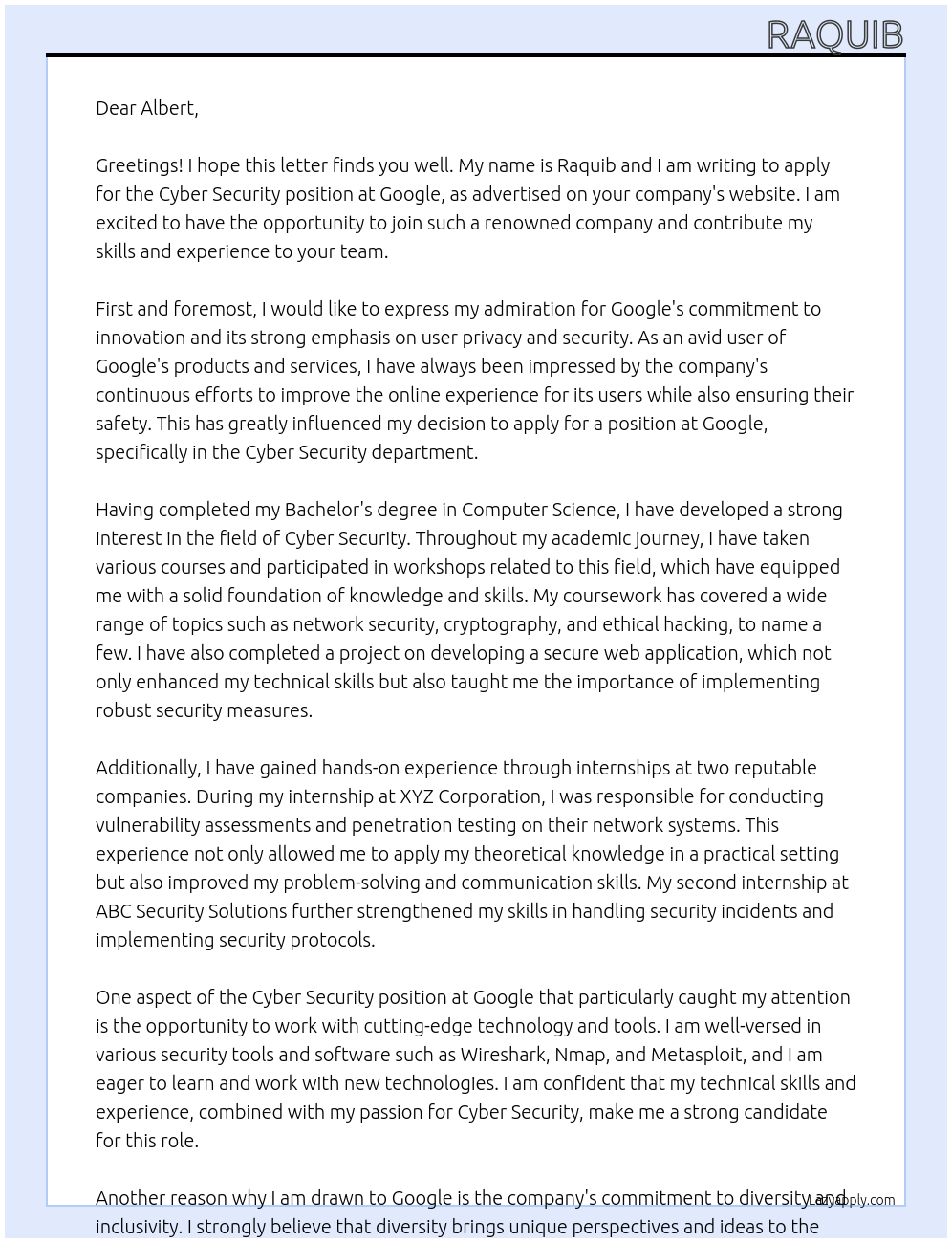 Cyber Security At Google Cover Letter