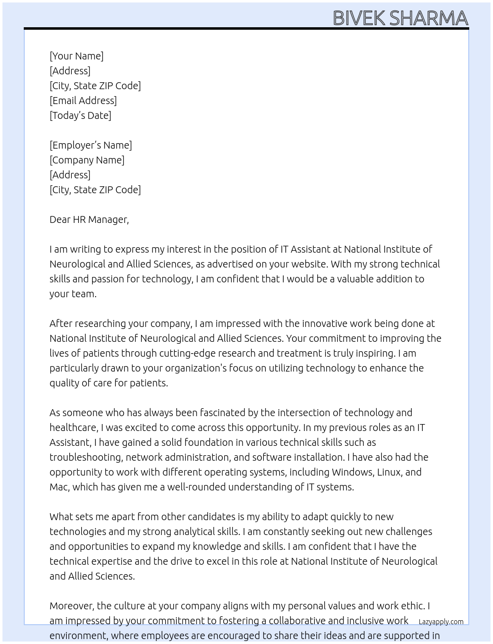 IT Assistant At National Institute of Neurological and Allied Sciences Cover Letter