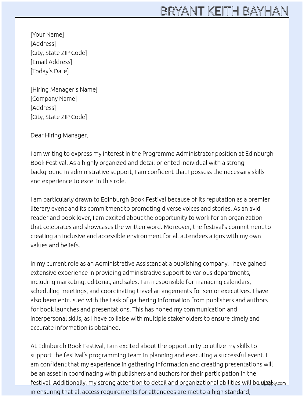 Programme Administrator At Edinburgh Book Festival Cover Letter