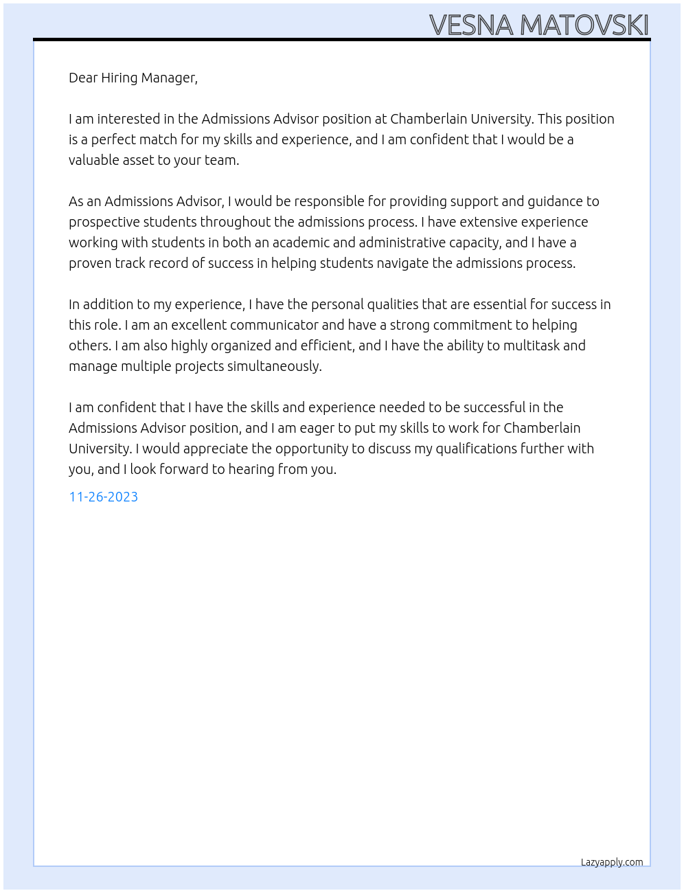 Admissions Advisor At Chamberlain University Cover Letter