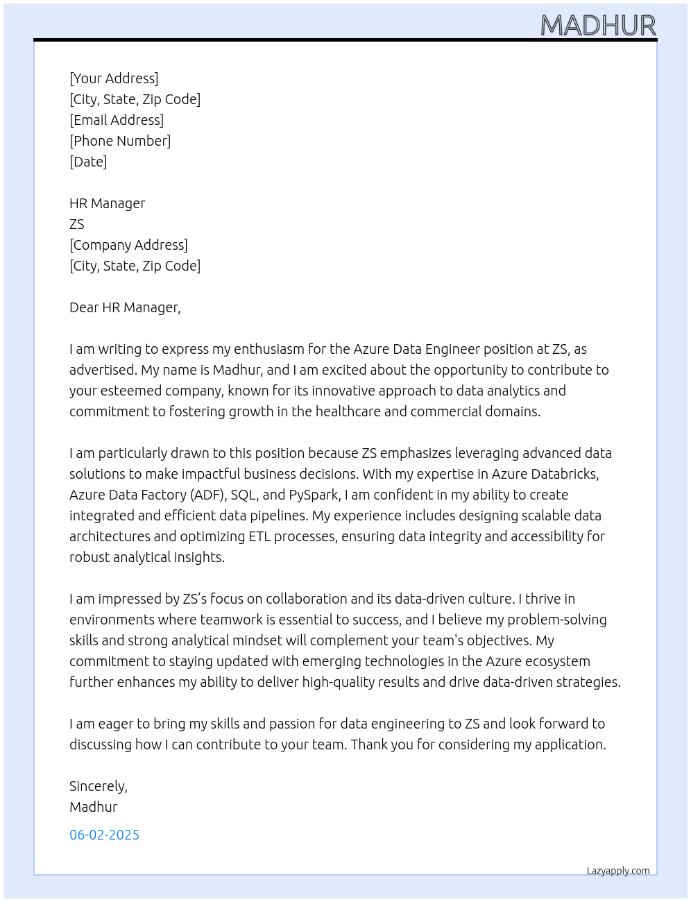 Azure Data Engineer At ZS Cover Letter