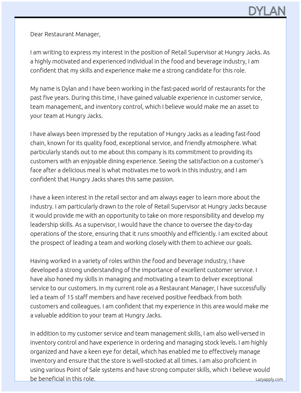 Retail supervisor At Hungry jacks Cover Letter