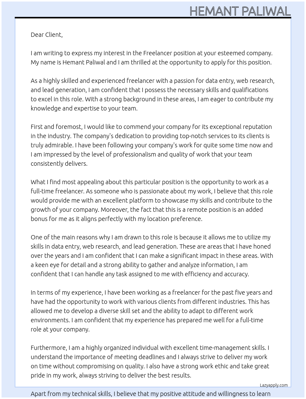 Freelancer At -- Cover Letter