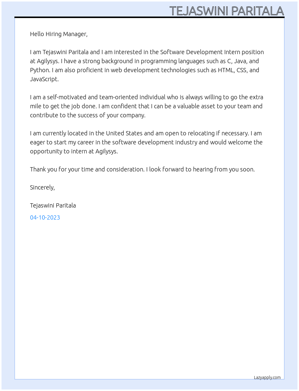 Software Development Intern At Agilysys Cover Letter