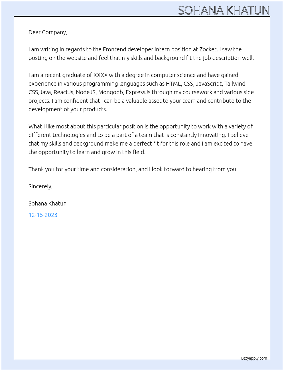 Frontend developer intern  At Zocket Cover Letter