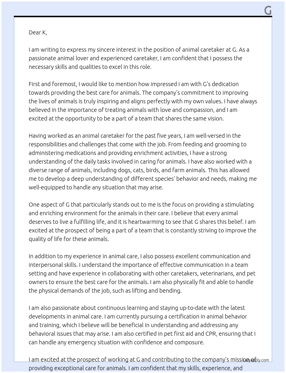 animal caretaker At g Cover Letter