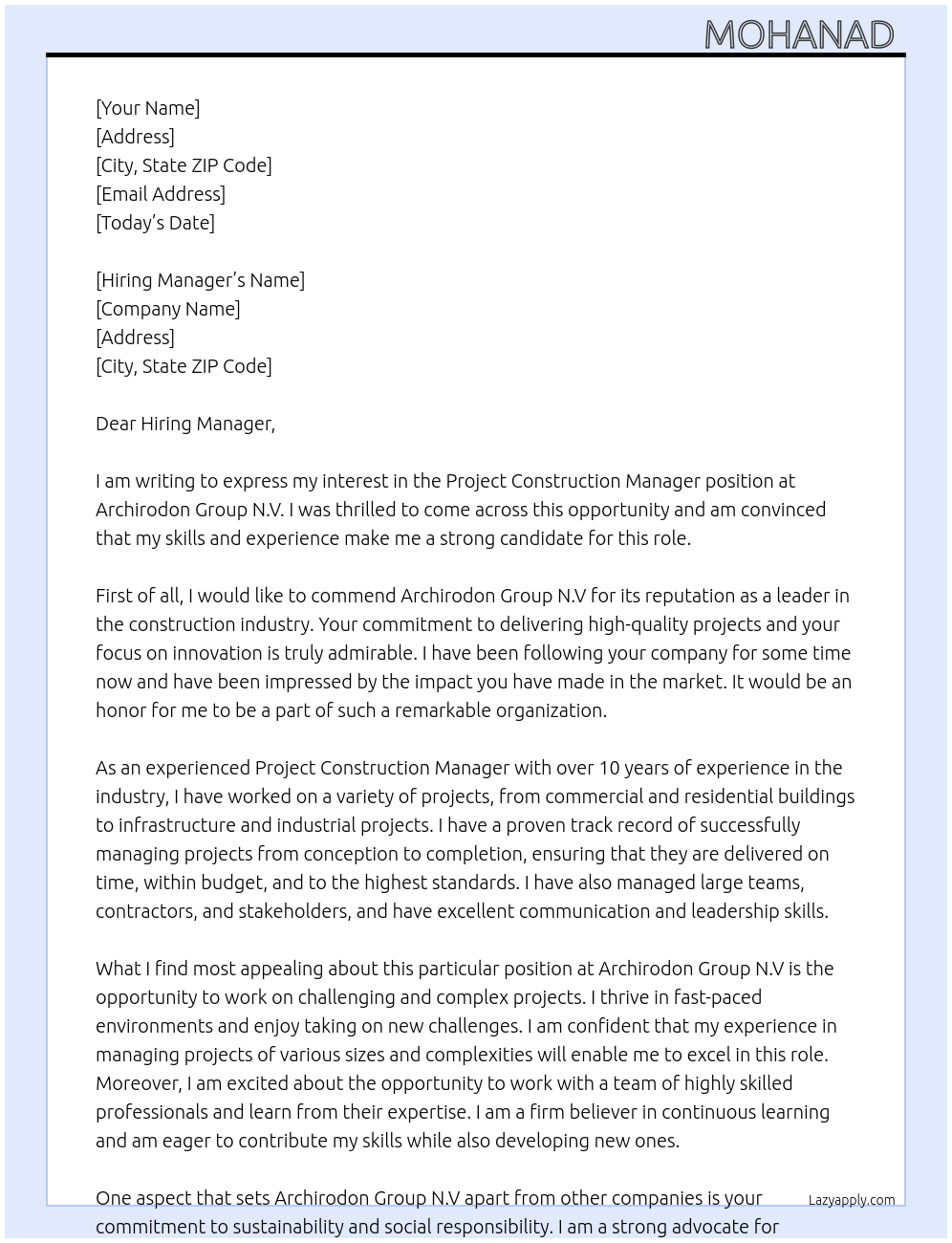 Project Construction Manager  At Archirodon Group N.V Cover Letter