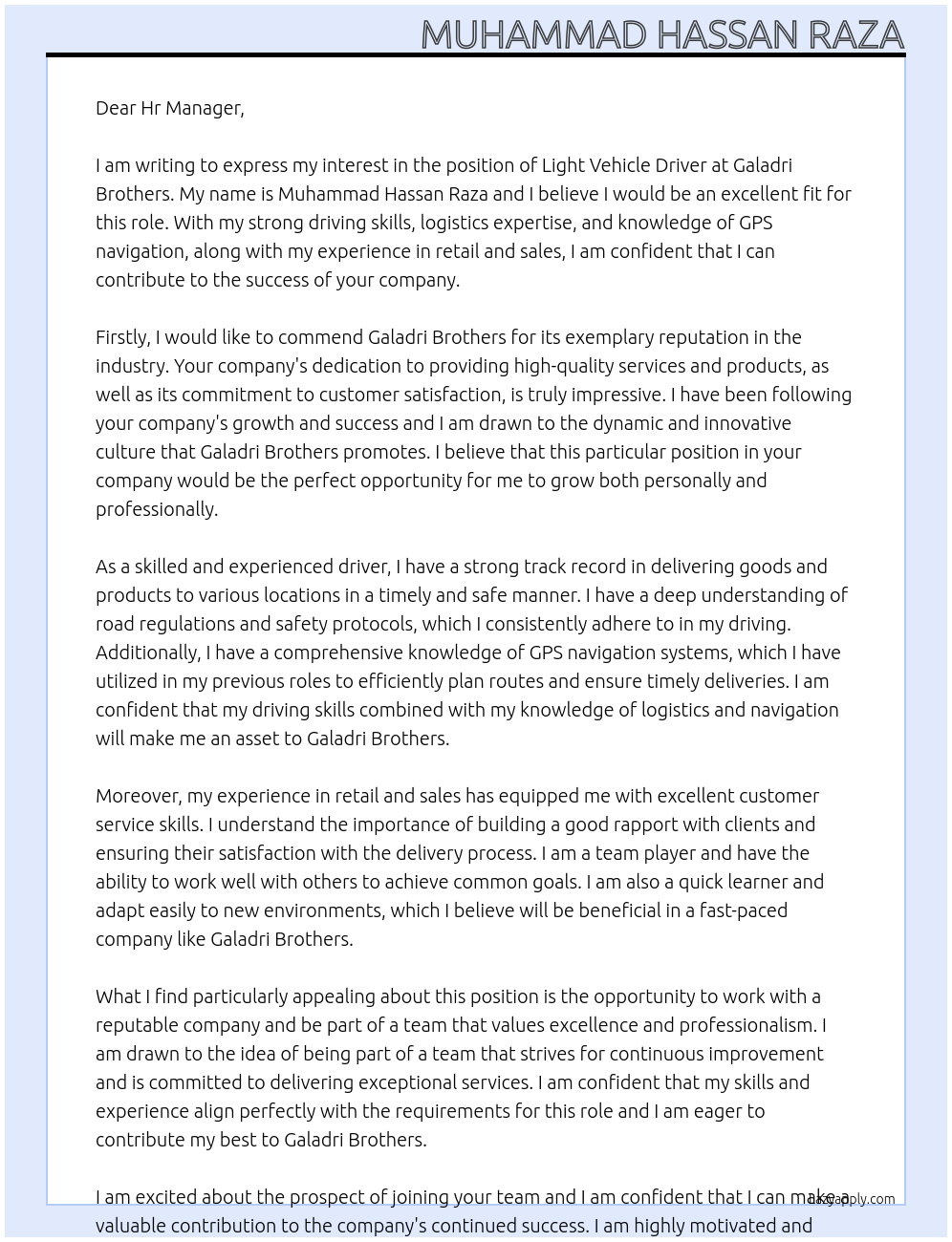 Light vehicle driver At Galadri brother Cover Letter