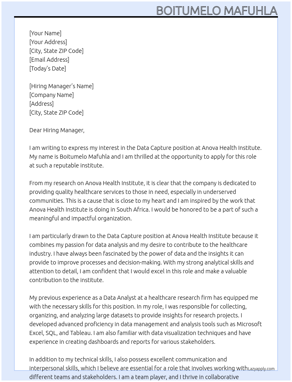Data capture At Anova health institute Cover Letter