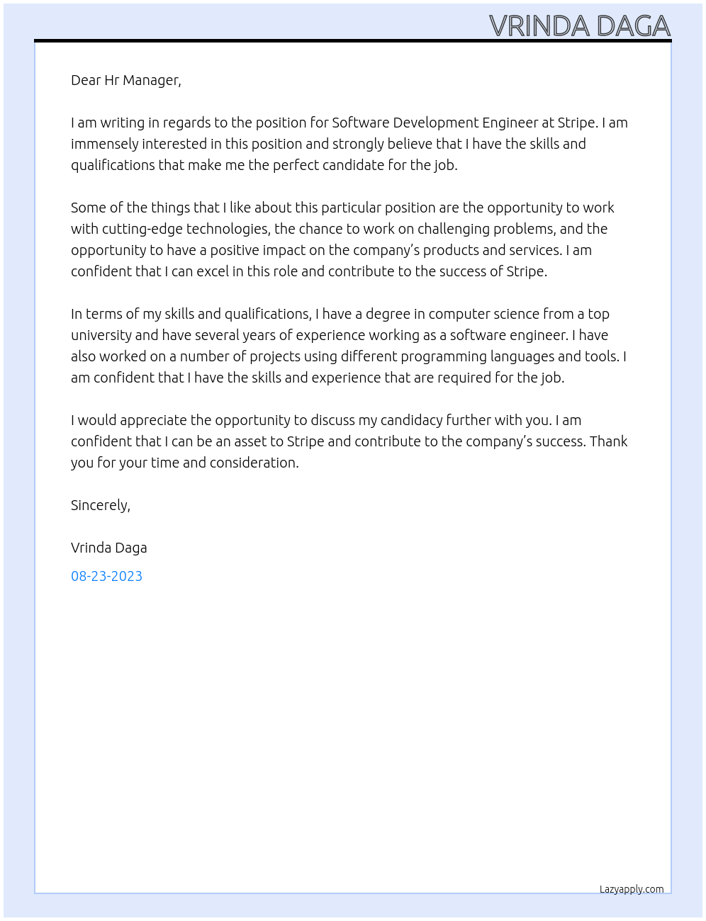 Software Development Engineer At Stripe Cover Letter