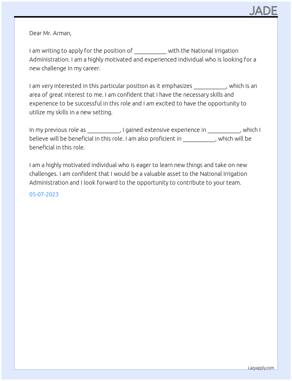 Any job At National irigation administration  Cover Letter