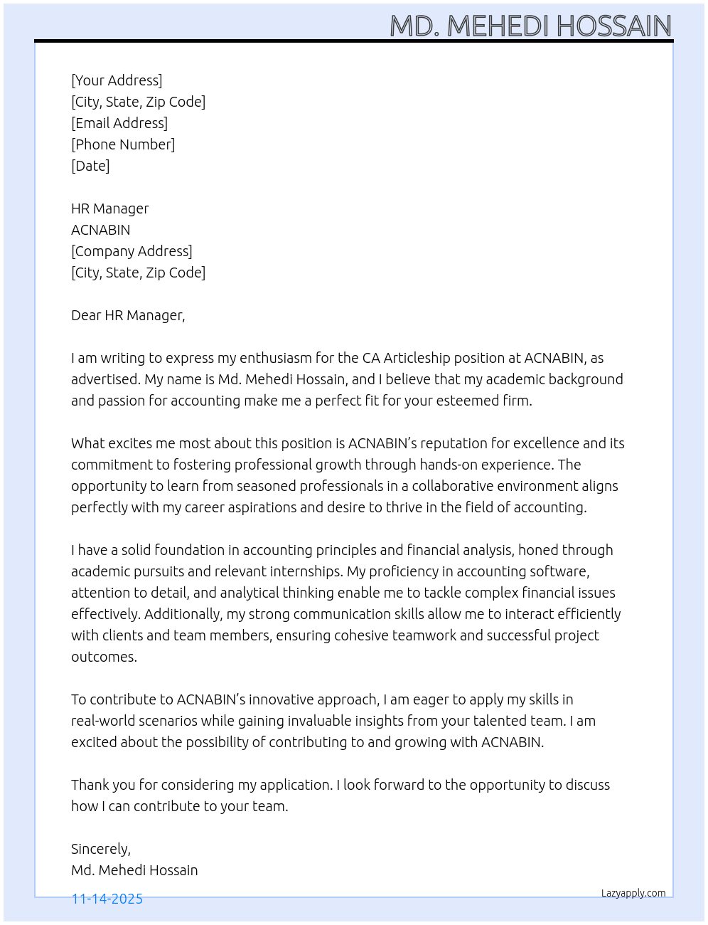 Cover letter for ca articleship - LazyApply