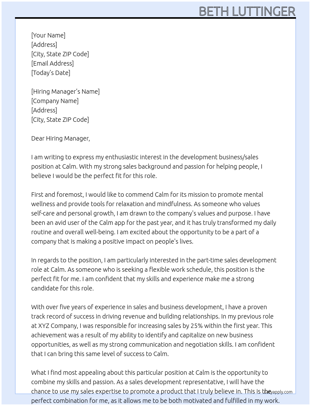 development business /sales At Calm Cover Letter
