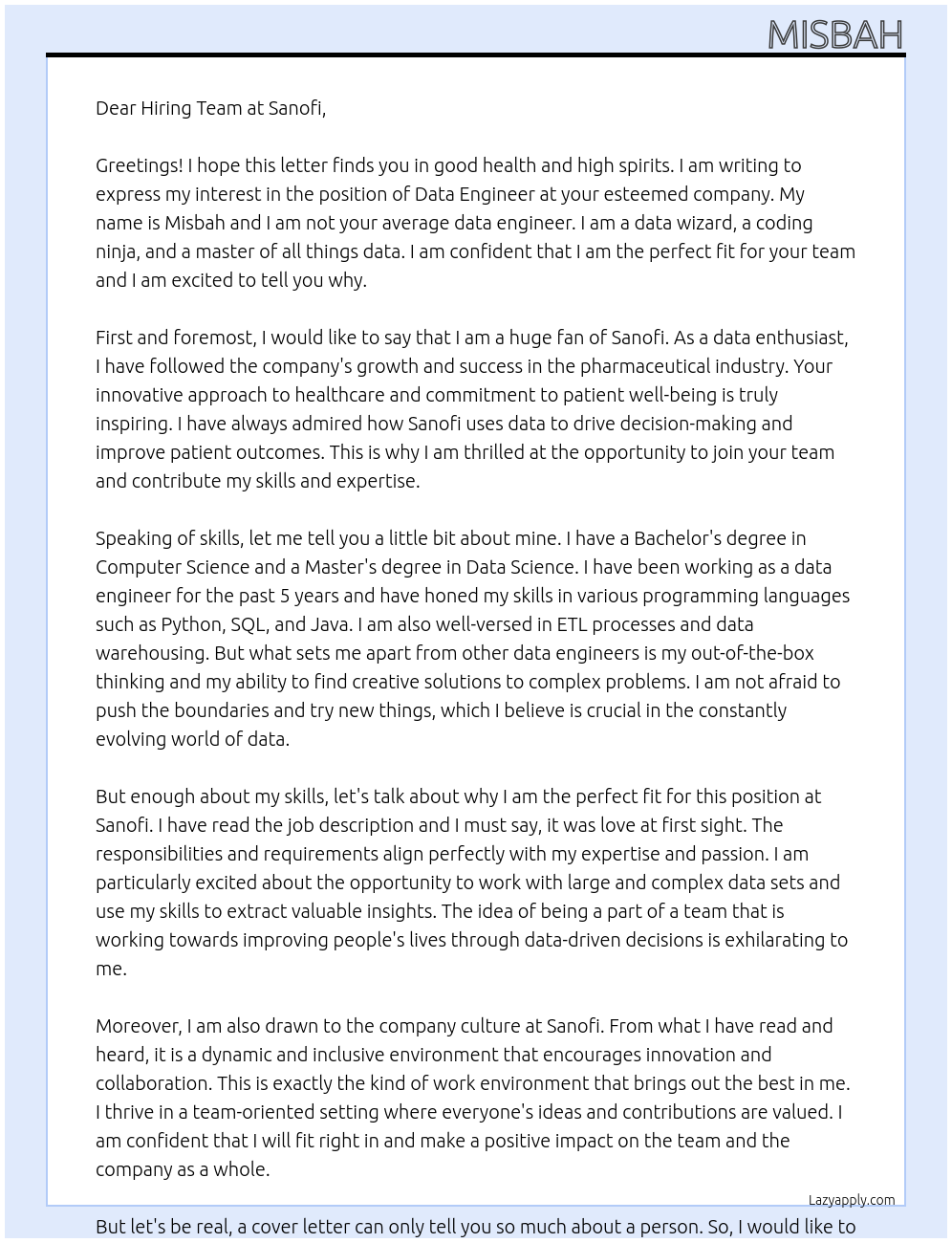 Data engineer At Sanofi Cover Letter