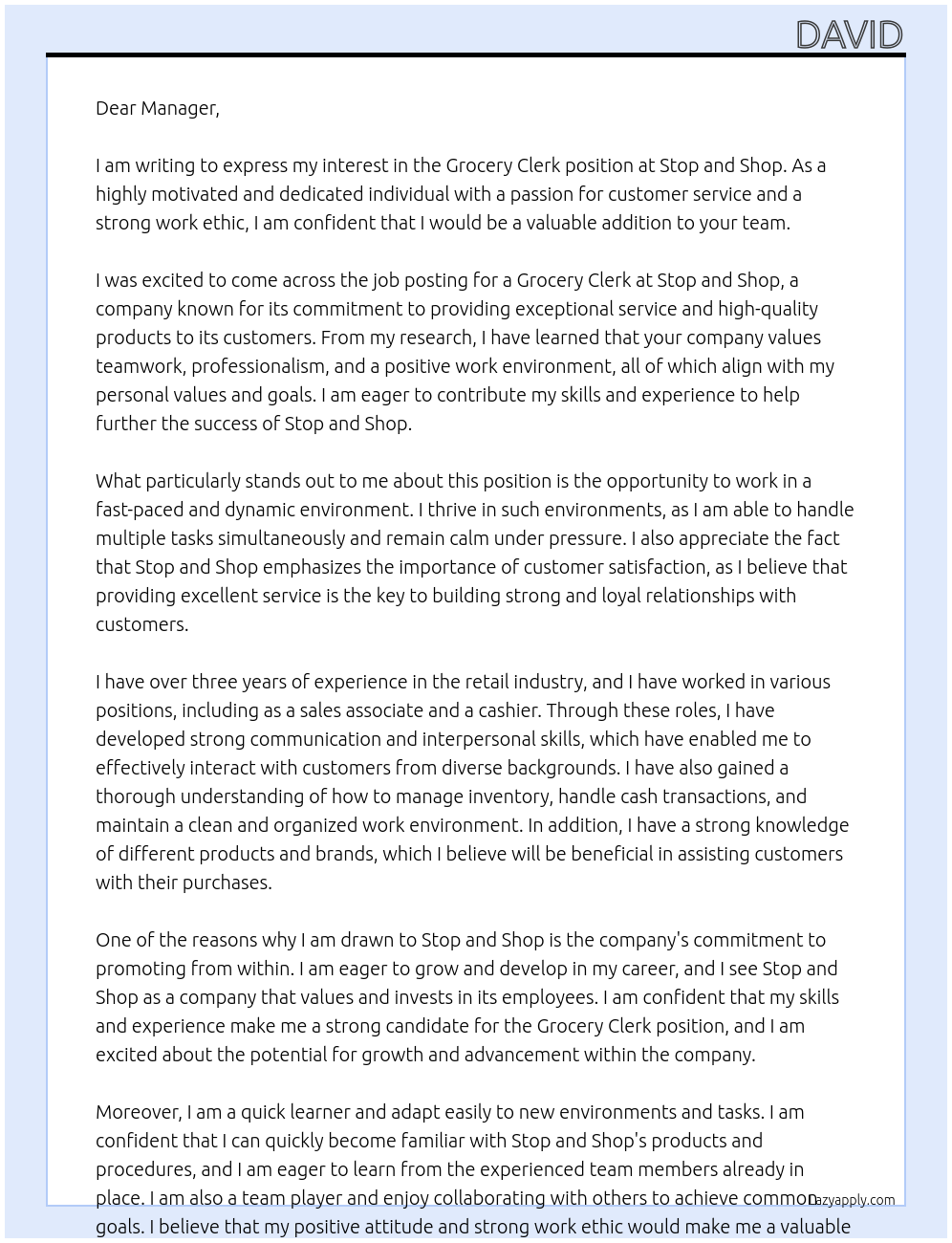 Grocery Clerk At Stop and Shop Cover Letter