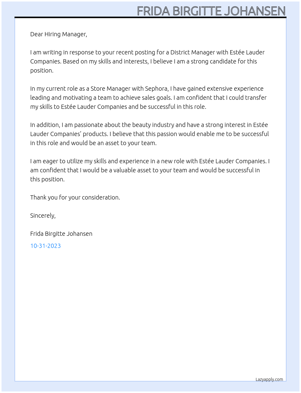 District manager At ESTÉE LAUDER COMPANIES Cover Letter