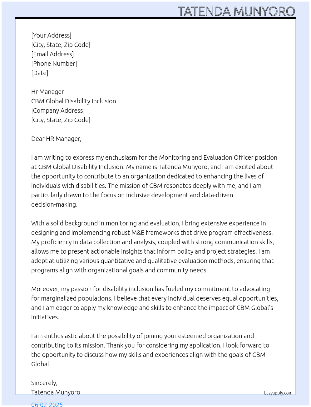 Monitoring and evaluation officer At CBM global disability inclusion Cover Letter