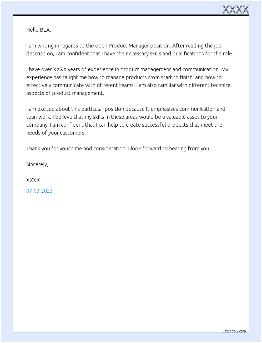 Product Manager At BLA Cover Letter