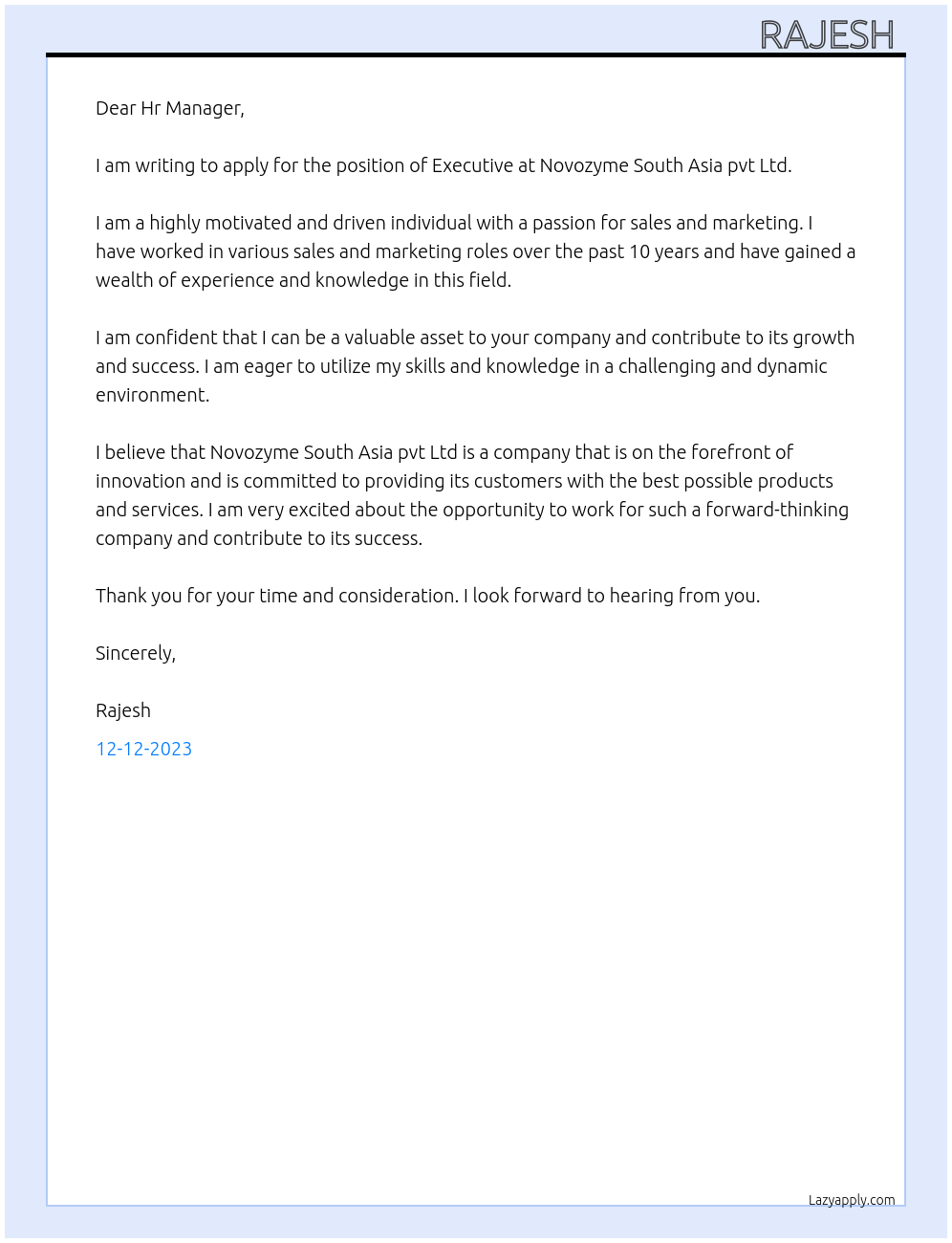 Executive At Novozyme South Asia pvt Ltd Cover Letter