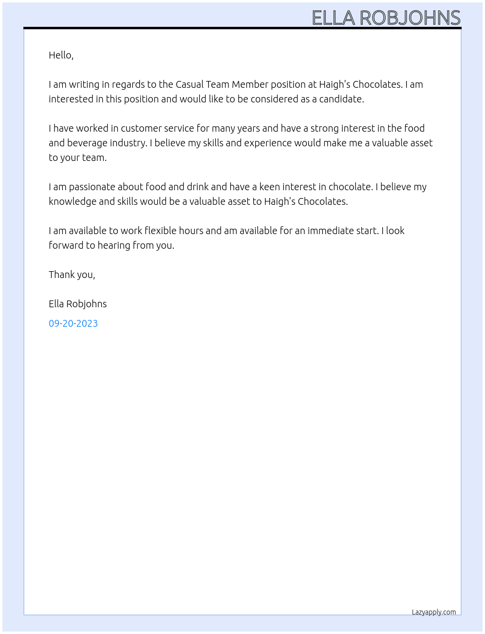 Casual team member At Haigh's Chocolates Cover Letter