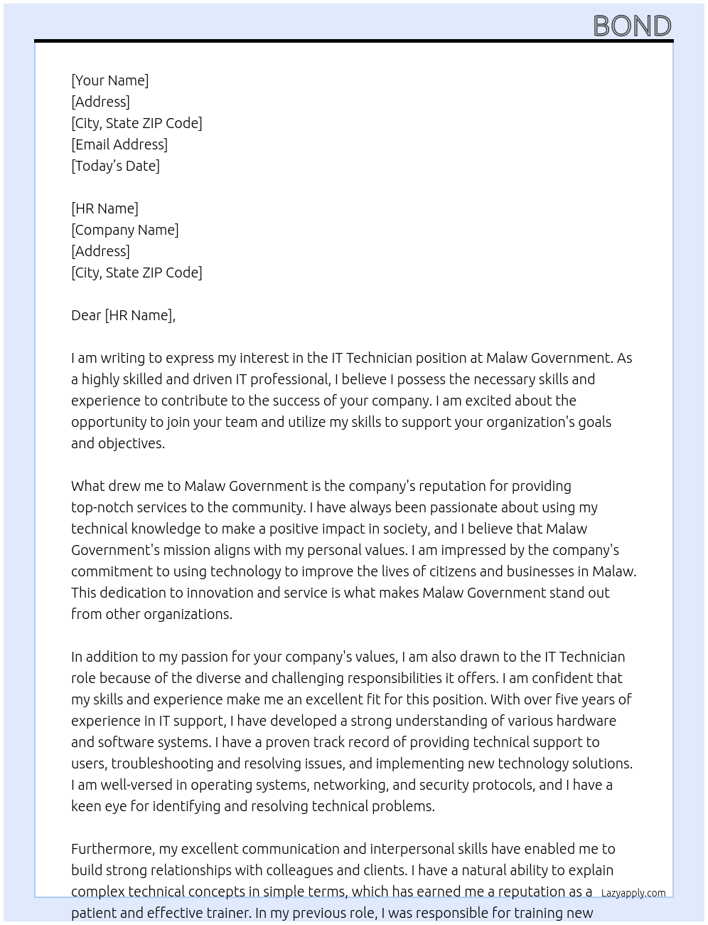 IT TECHNICIAN At MALAW GOVERNMENT Cover Letter