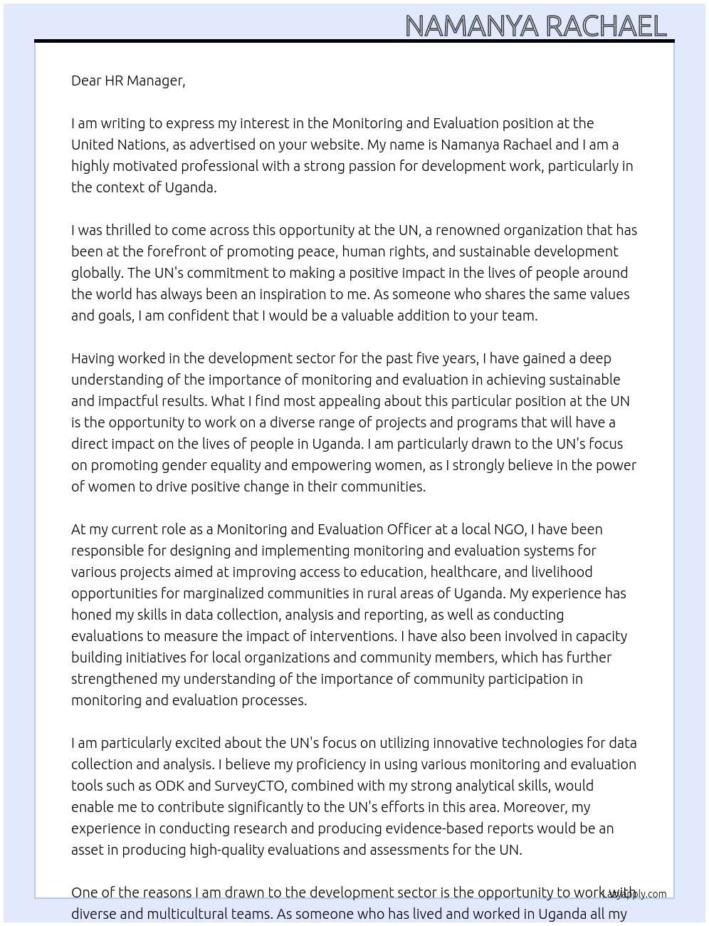 Monitoring and evaluation At UN Cover Letter