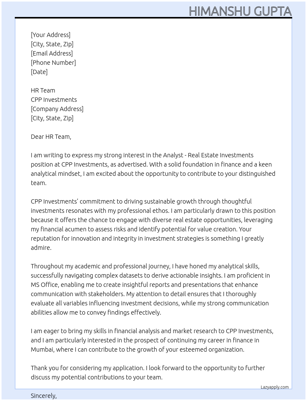 Analyst - Real Estate Investments At CPP Investments Cover Letter