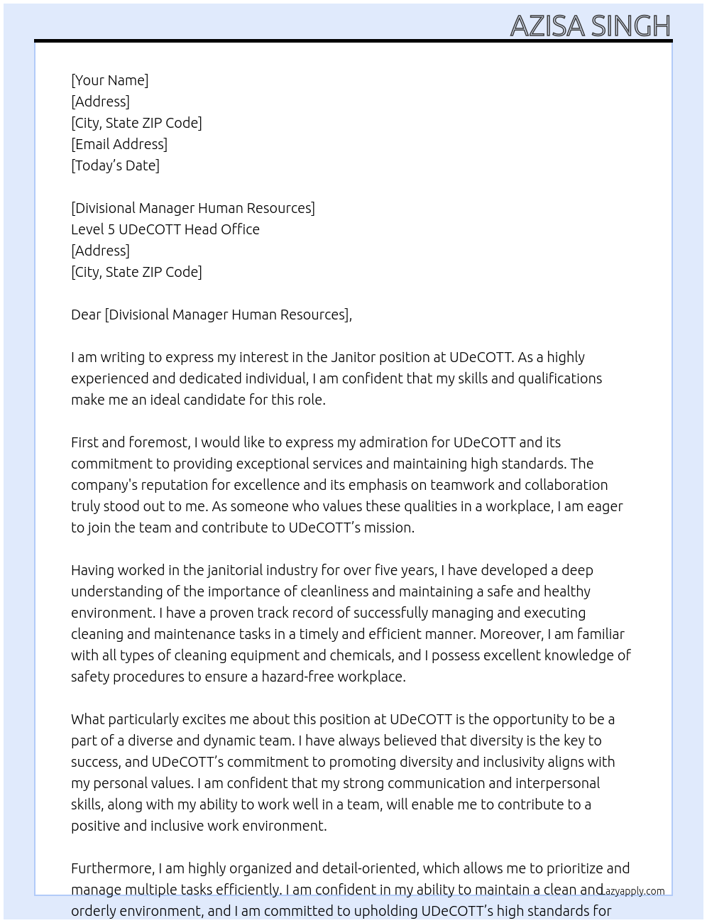 Janitor At UDeCOTT Cover Letter