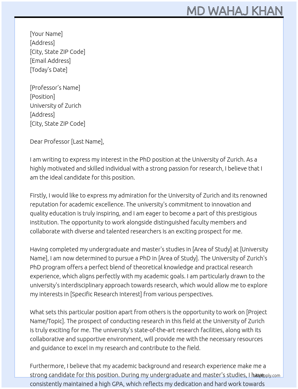 PhD At University of Zurich Cover Letter