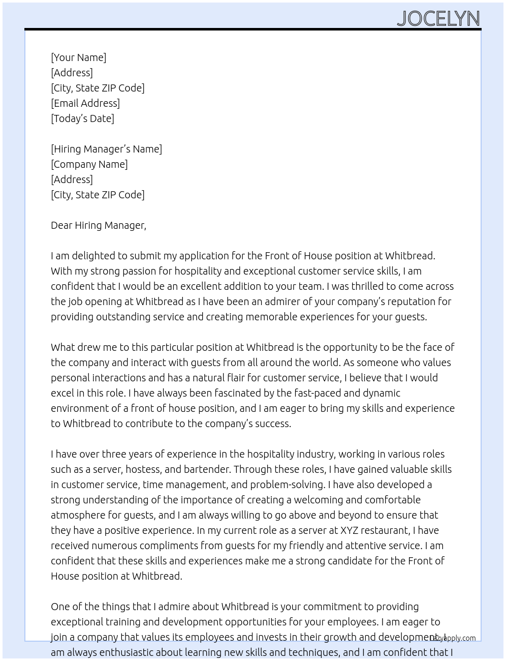 Front of House At Whitbread Cover Letter