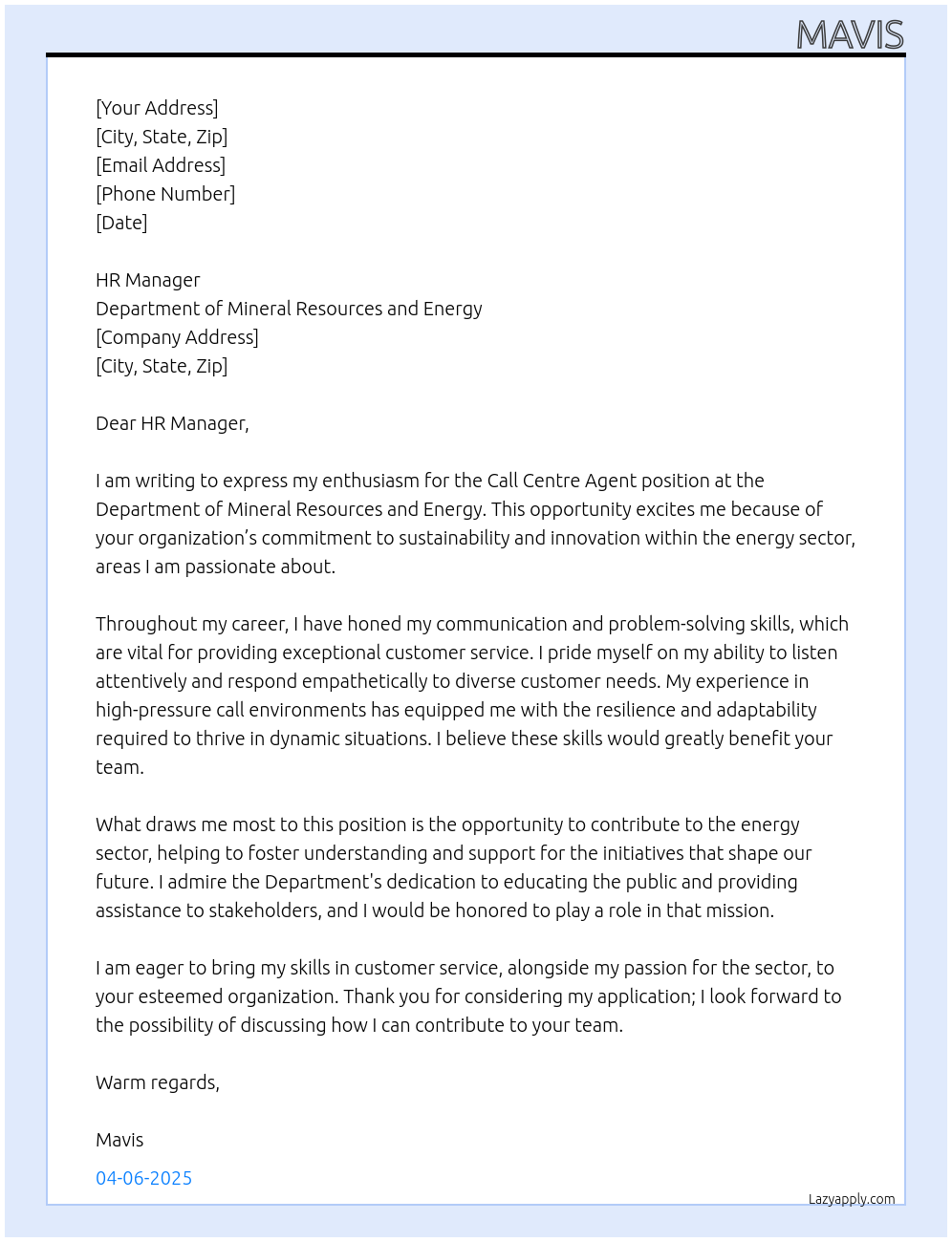 Call centre agent At Department of Mineral Resources and Energy Cover Letter