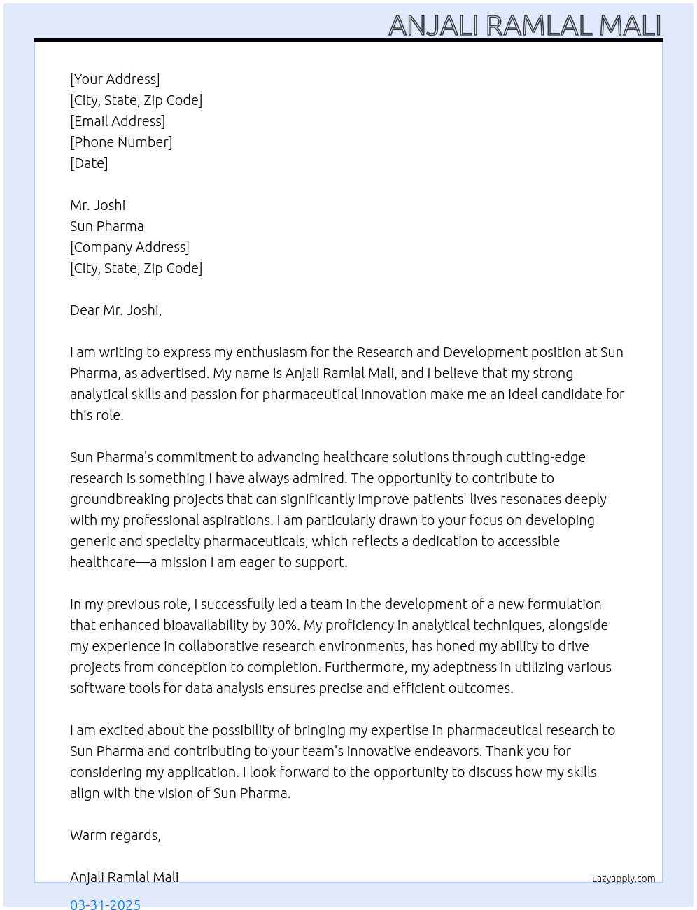 Research and development At Mr. Joshi Cover Letter