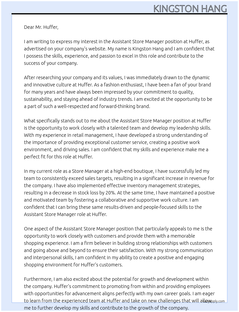 Assistant Store Manager At Huffer Cover Letter