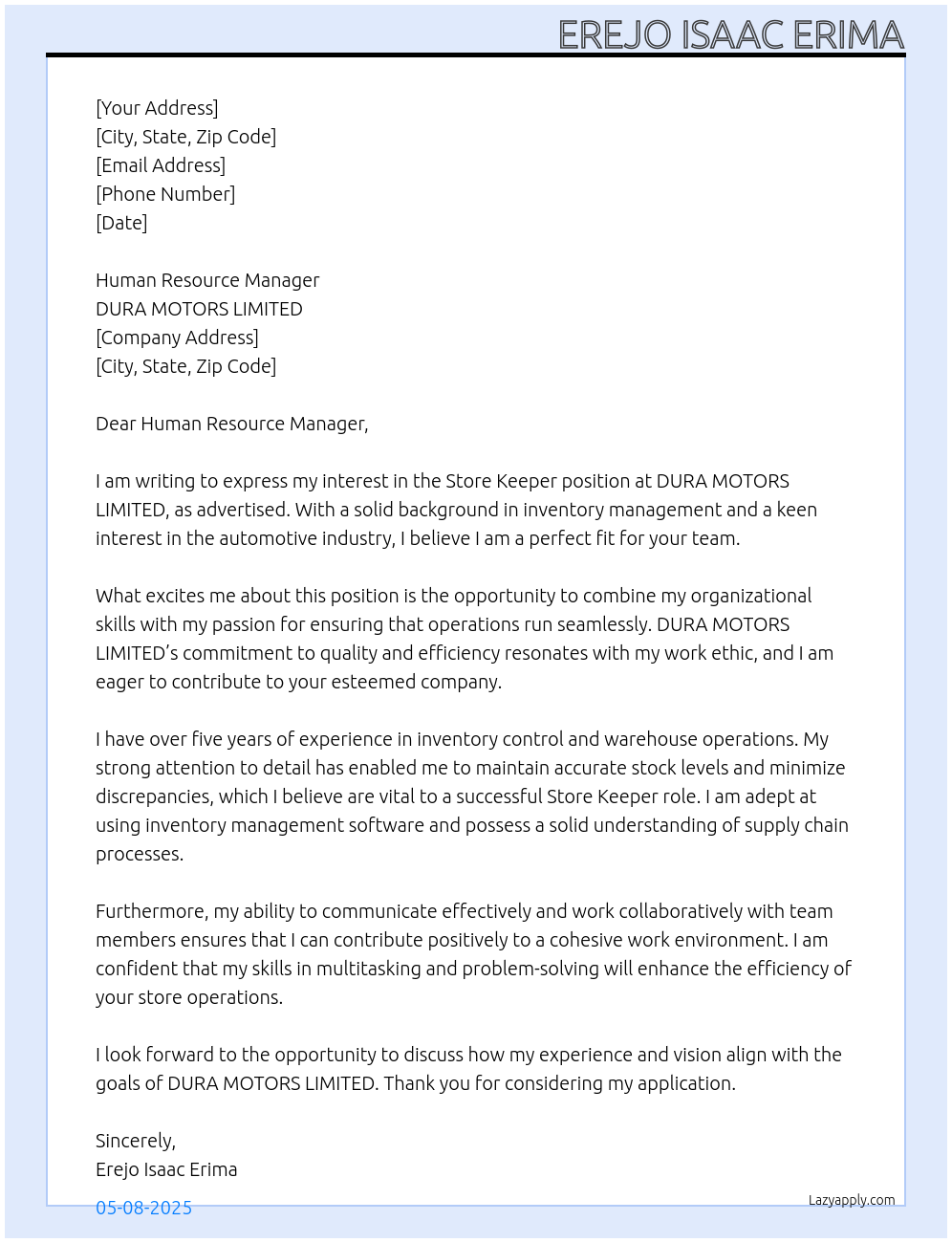 Store Keeper At DURA MOTORS LIMITED Cover Letter