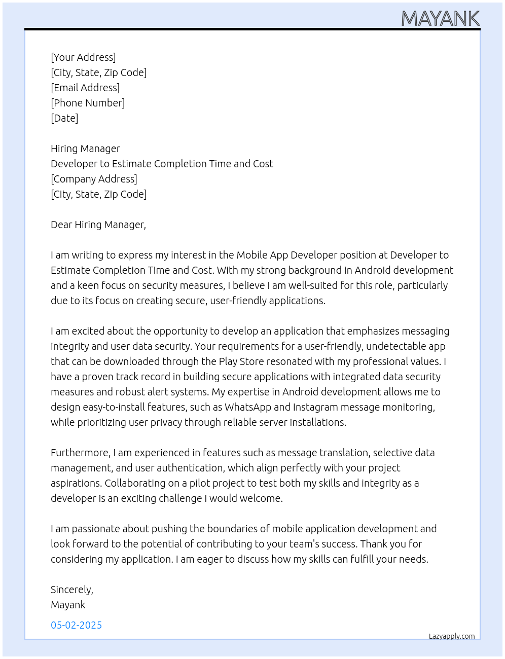 mobile app developer At Developer to estimate completion time and cost Requirements: Android Only Undetectable – preferably no root required – Should it be downloaded through Play Store Easy to install Whatsap and IG Message Monitoring only Data Security Measures Integrated – Install on Reliable Secure Server – Alerts for Security Breach Monitoring with report on PC only Generate Continuous Message Thread by Contact Photo Folders for each Contact with checkbox to delete selected photos from saved Data Feature to Translate Messages from Spanish to English Ability to Cut and Paste Selected Messages by Contact or Download into Report Checkboxes by Day for each contact to provide ability to delete messages from stored Data Admin to access Coding or Stored User Data by Secure ID and Password only Pilot Project: Test Ability and Integrity of Developer. Full featured App to be developed in the future. Cover Letter