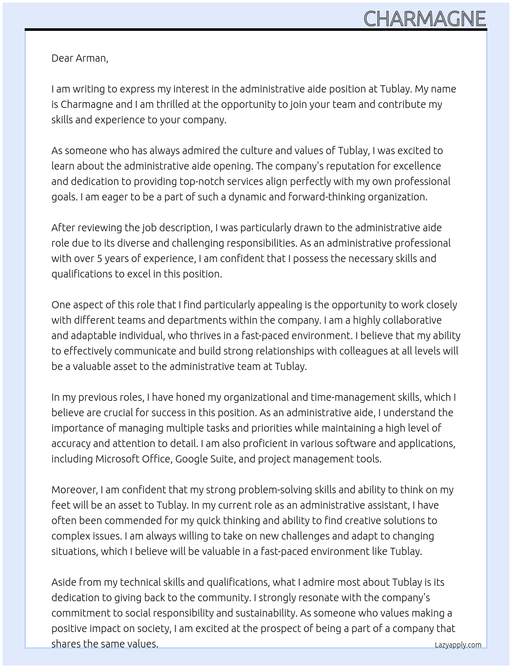 administrative aide At tublay Cover Letter