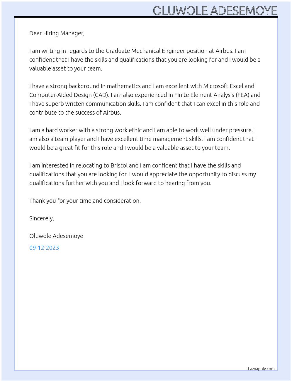 Graduate Mechanical Engineer At Airbus Cover Letter