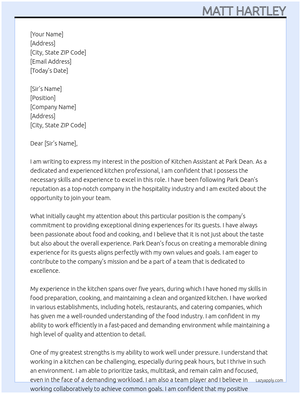 Kitchen Assistant At Park Dean Cover Letter