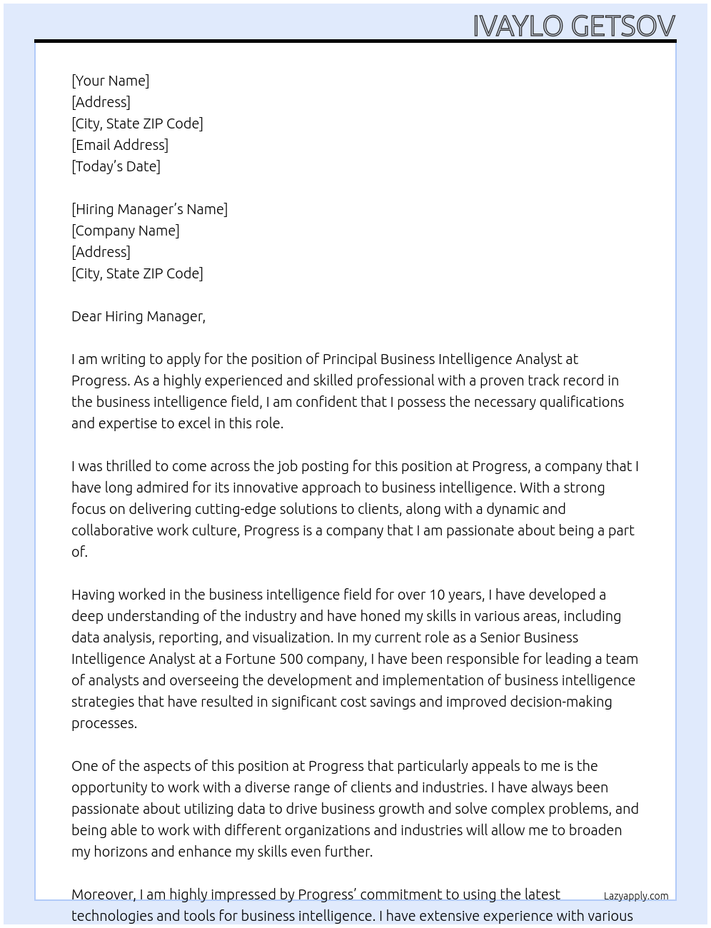 Cover letter for principal business intelligence analyst - LazyApply